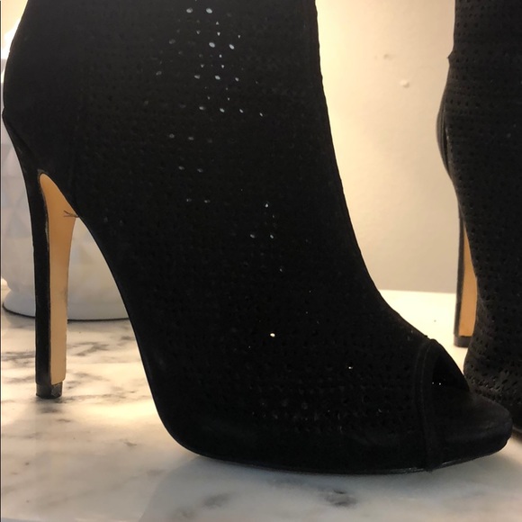 Anne Michelle Suede Lattice Open Toe Stiletto Booties